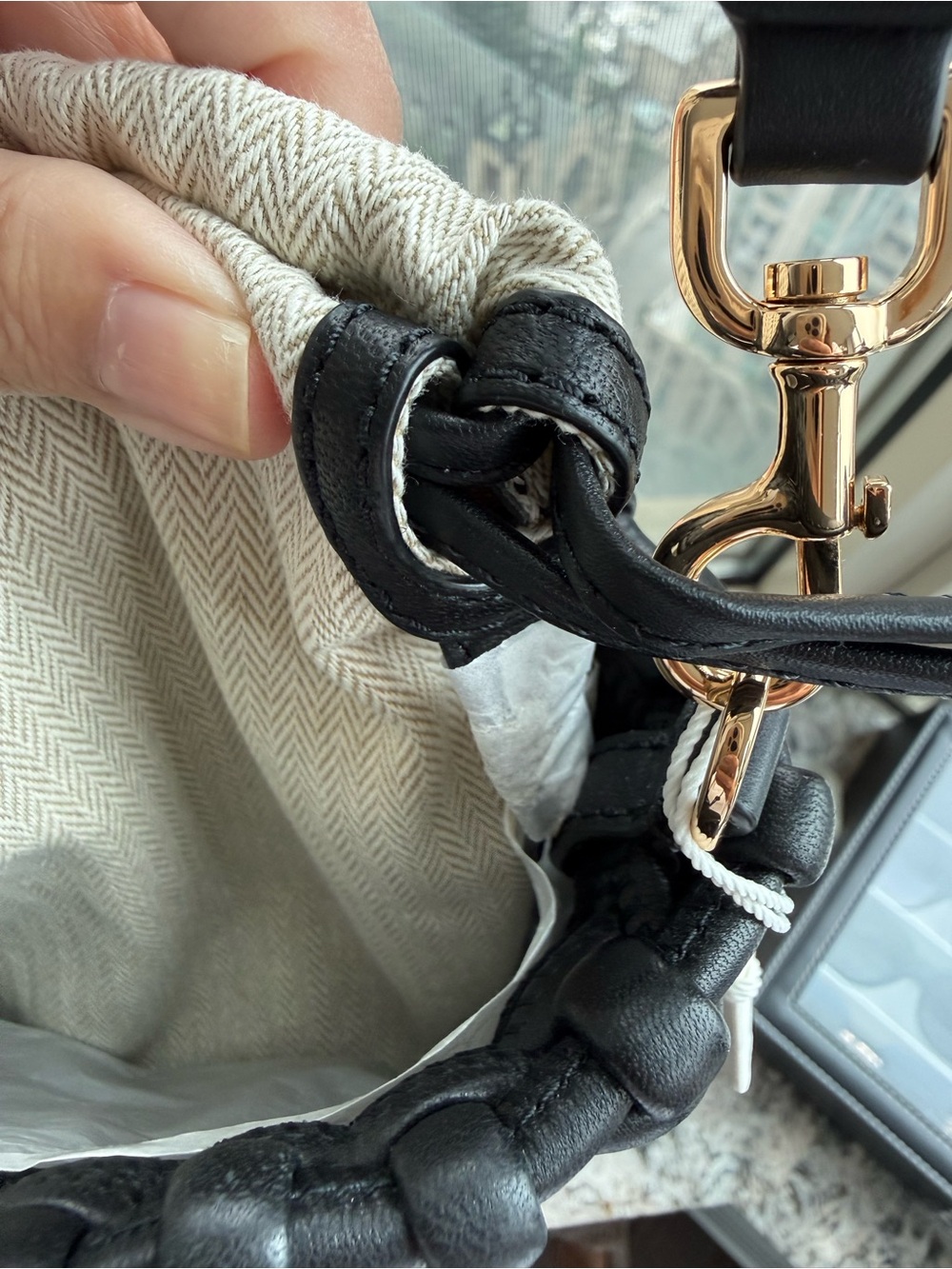 NWT Tory Burch Black Woven Leather Crossbody Bucket Bag w/Embroidered Strap - Picture 4 of 7